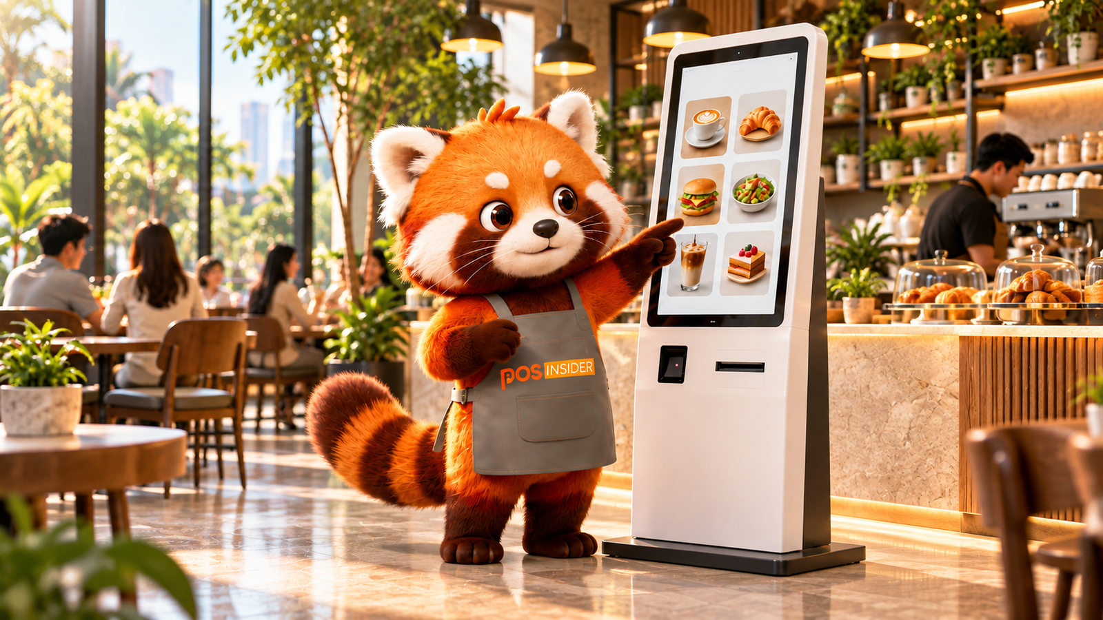 POS Insider mascot showing a self-service ordering kiosk in a café