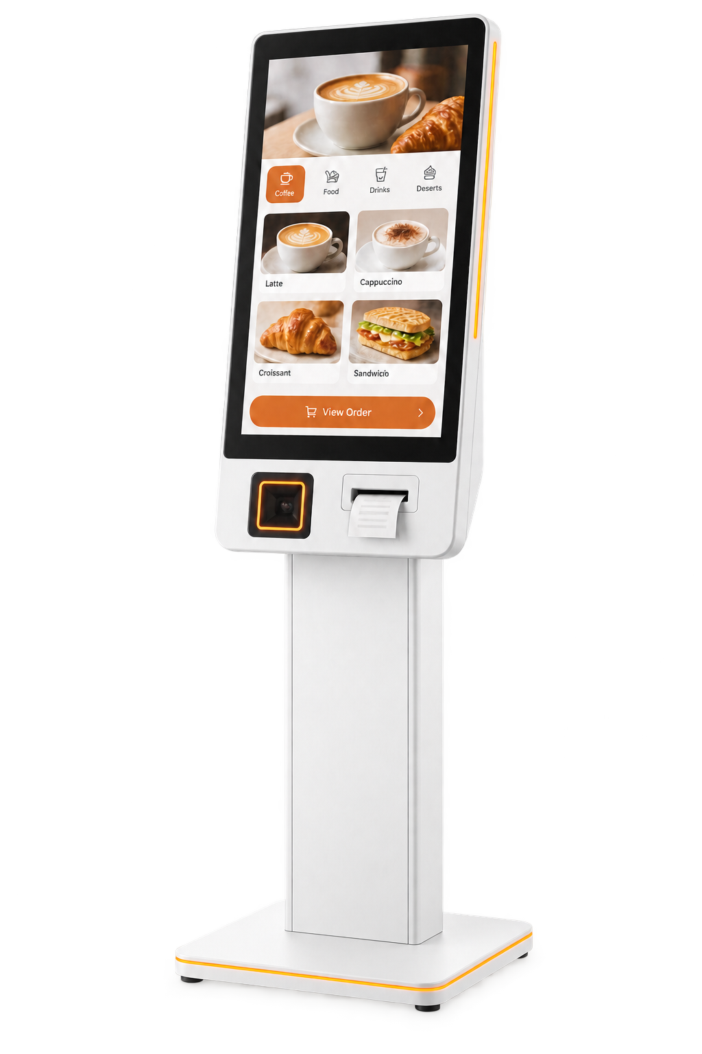 White self-service ordering kiosk concept with touchscreen menu and receipt slot